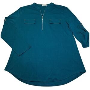 Bulotus Women’s Size 3XL Teal Blouse 1/4 Zip Roll Tab Sleeves Soft